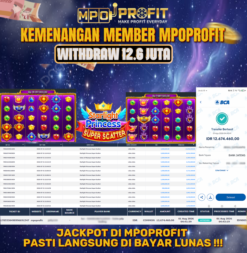 MPOPROFIT JACKPOT SLOT PRAGMATIC! KEMENANGAN MURNI DI (STARLIGHT PRINCESS SUPER SCATTER  TOTAL 12.674.000,- LUNAS)
